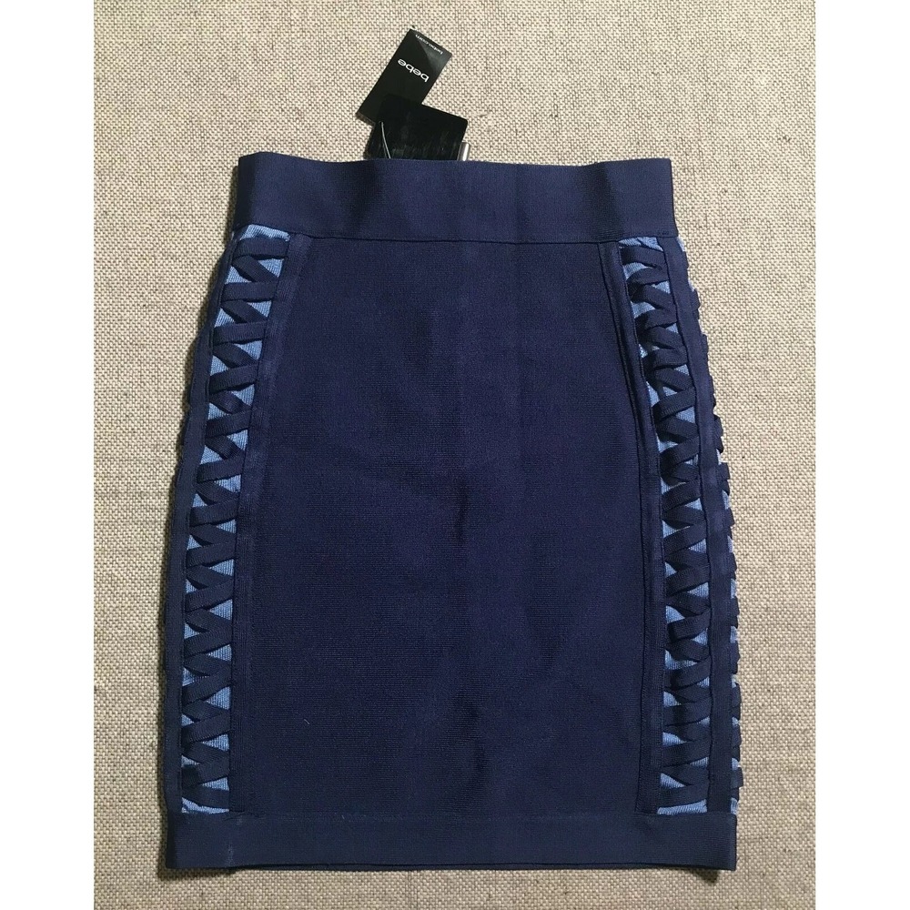 Bebe Women's Skirt XS Blue Y2K Pencil Stretch Short Criss Cross Sides #1746